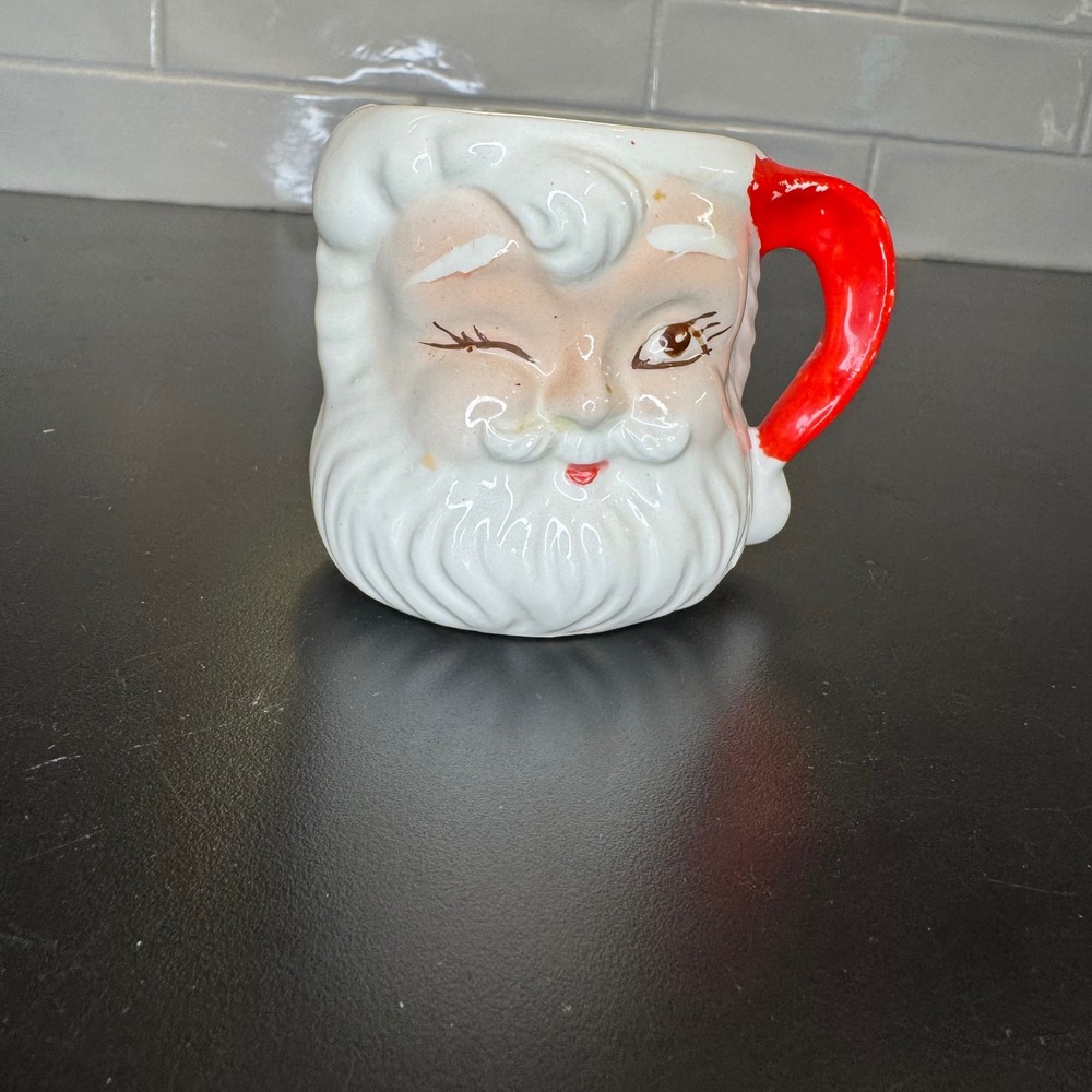 Vintage Santa Claus Mug Small White Winking Face Red Handle Japan MCM Kitsch